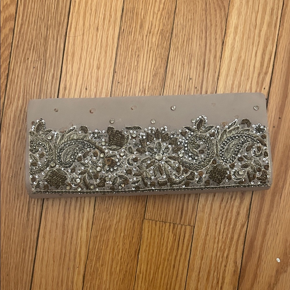 Elegant Beaded Clutch in Tan and Gold